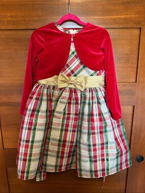 Bonnie Jean Red Velvet & Plaid Dress with Gold Bow